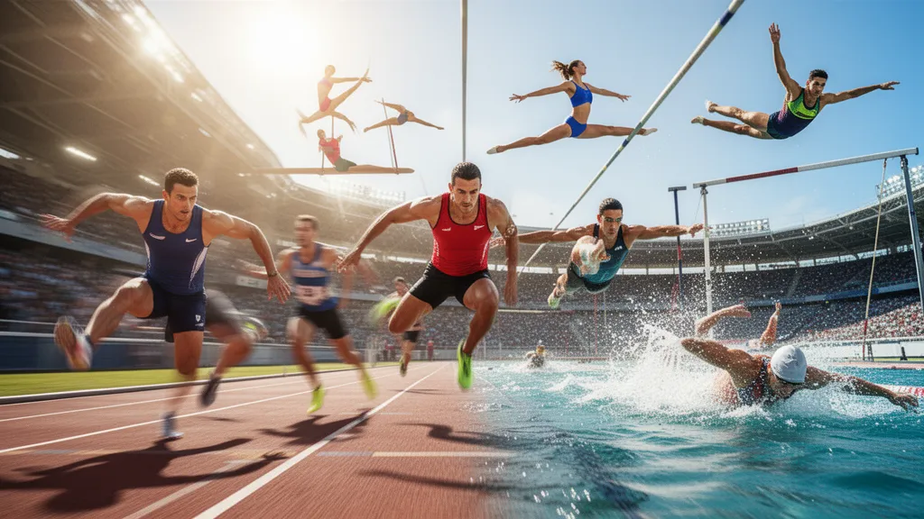 Athletes from various sports competing in dynamic outdoor action, captured in motion under natural sunlight with energetic composition