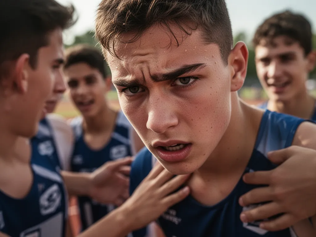 Young athlete's concentrated expression during competition with supportive teammates blurred in the background