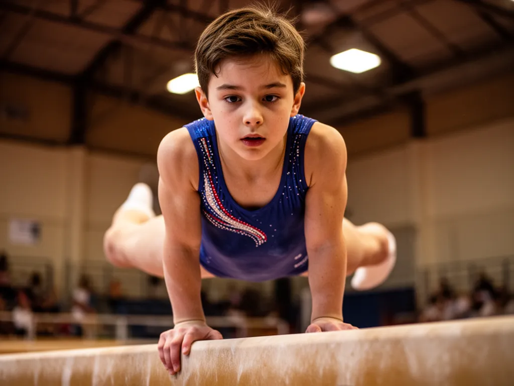 [Young gymnast concentrating intensely while performing balance beam routine in gym]