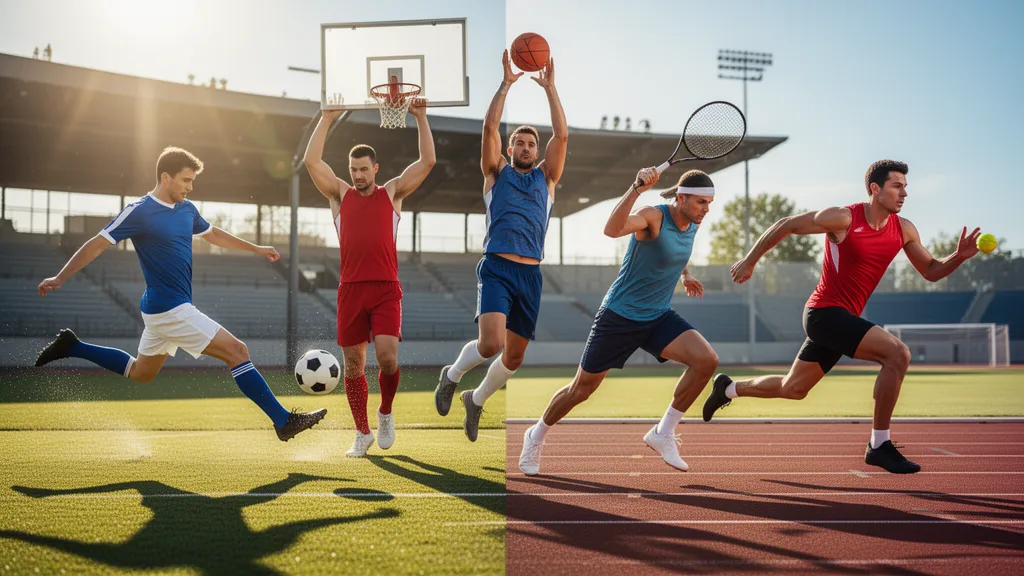 Multiple athletes in different sports competing simultaneously with dynamic motion and natural outdoor lighting