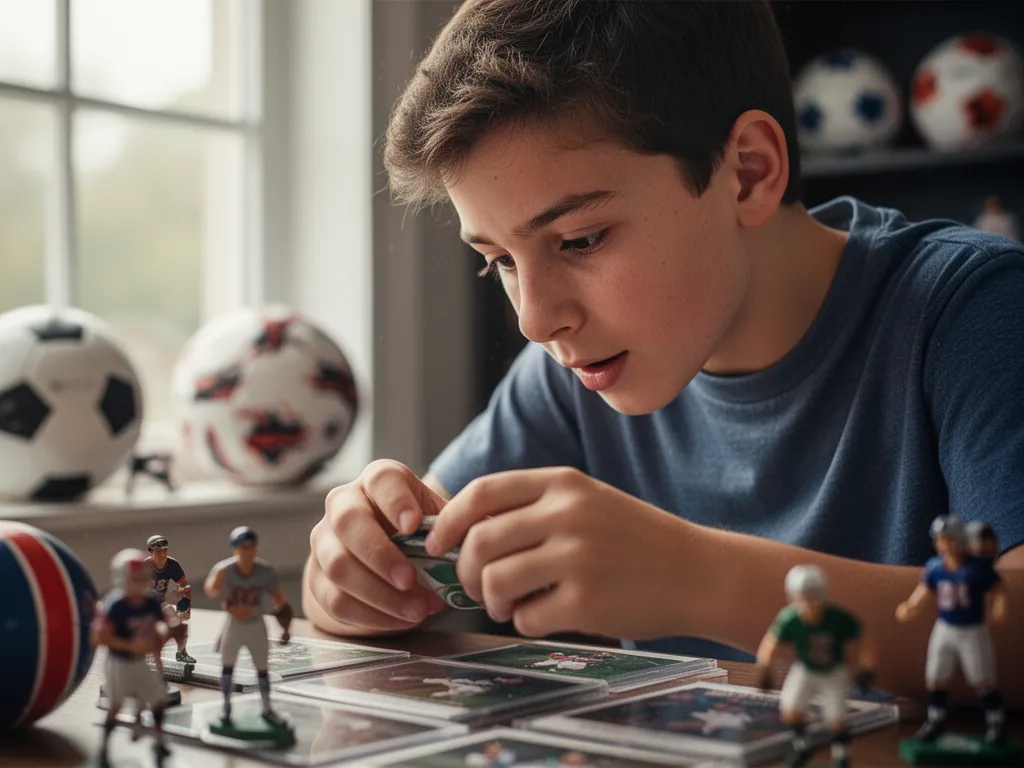 Young collector examining sports memorabilia with focused expression and natural window lighting