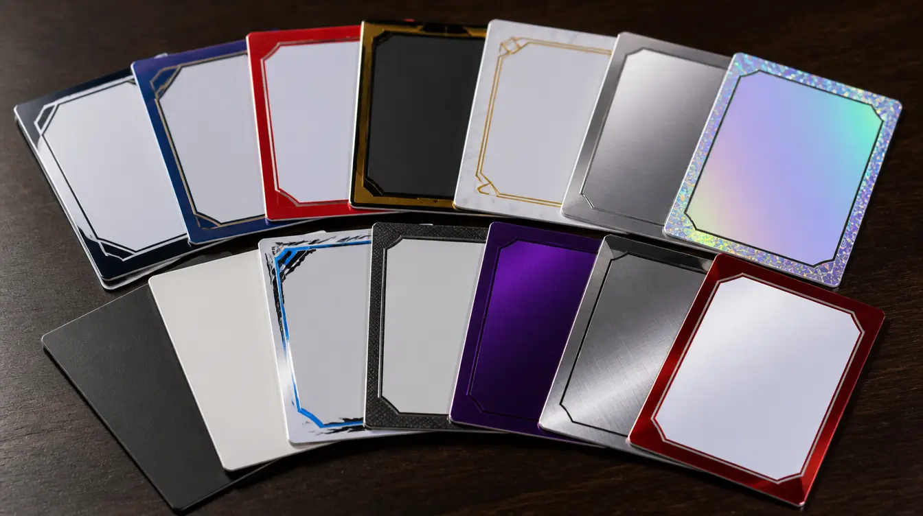 An assortment of blank sports trading cards in various finishes