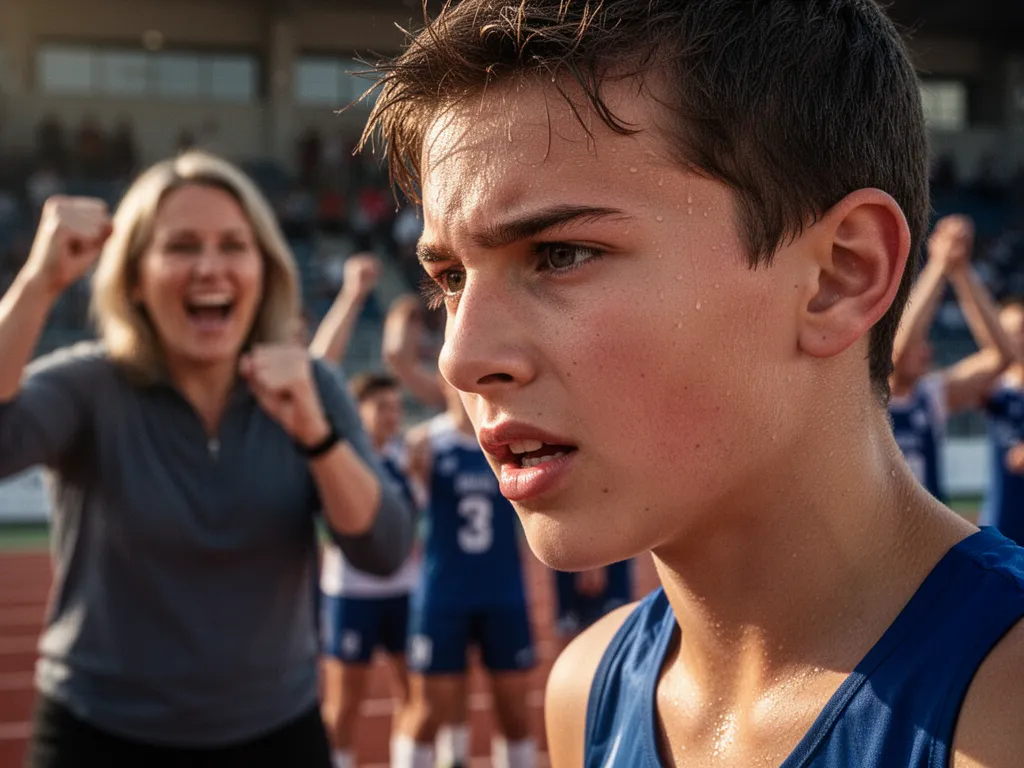 [Young athlete's focused expression during competition with proud parent celebrating in background]