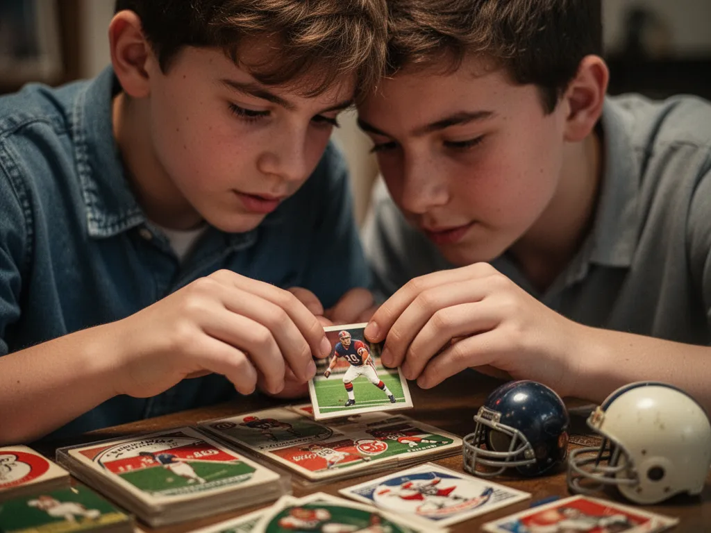 [Young collector's hands carefully examining vintage sports memorabilia with focused concentration and reverence]