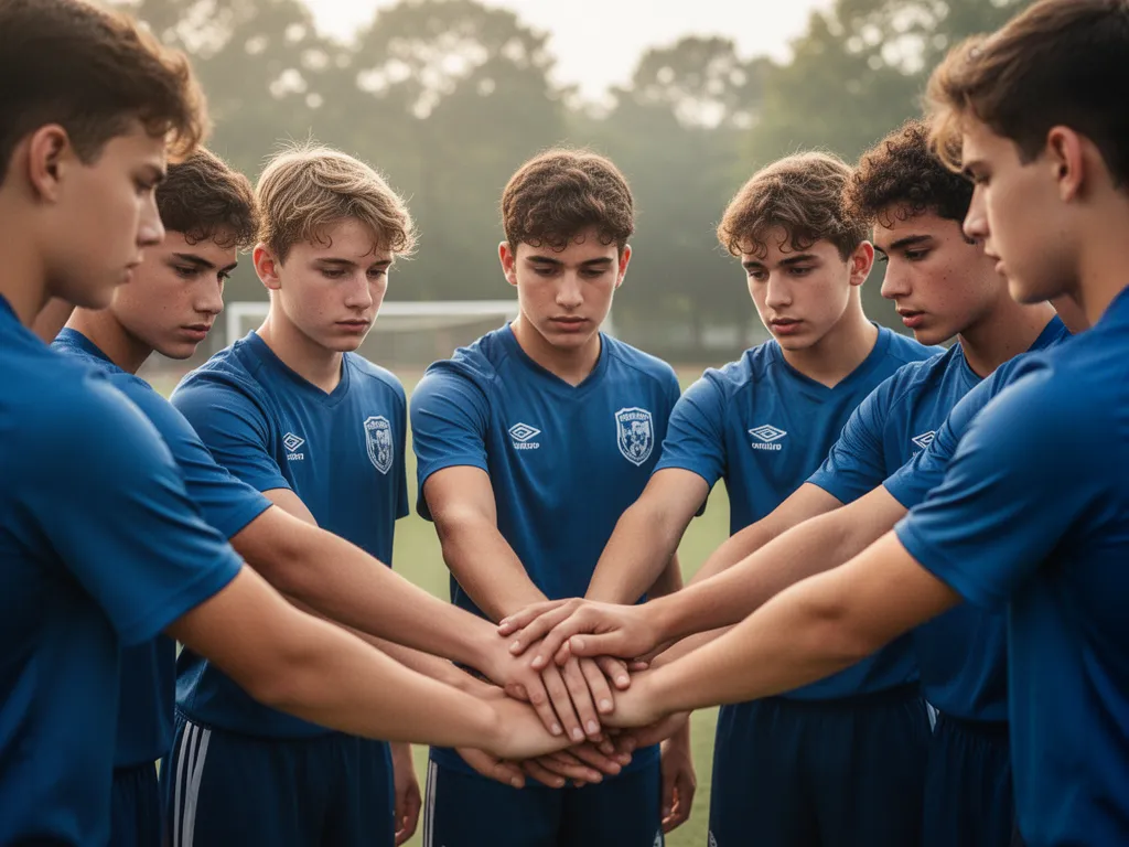 Young athletes gathered in team circle showing determination and unity before competition