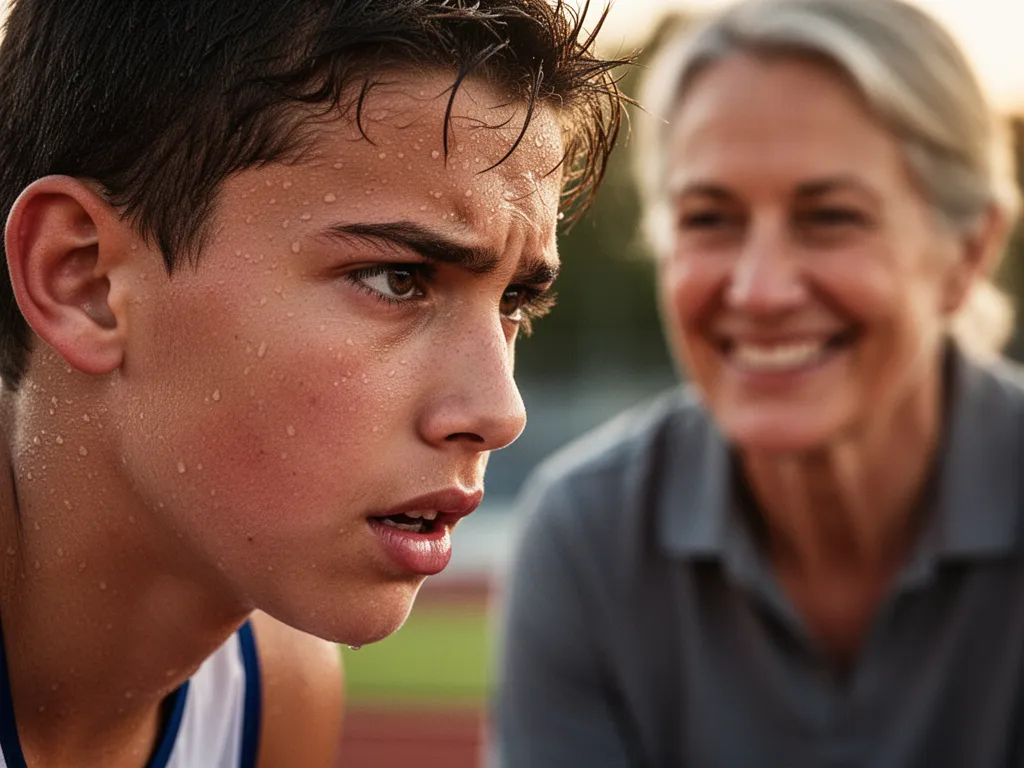 Young athlete's determined expression during competition with proud coach or parent visible in background