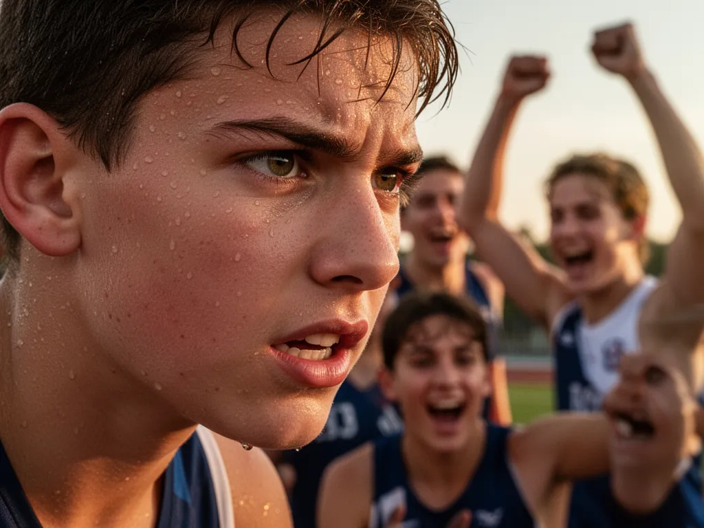 Young athlete's determined expression during competition with teammates celebrating blurred in background