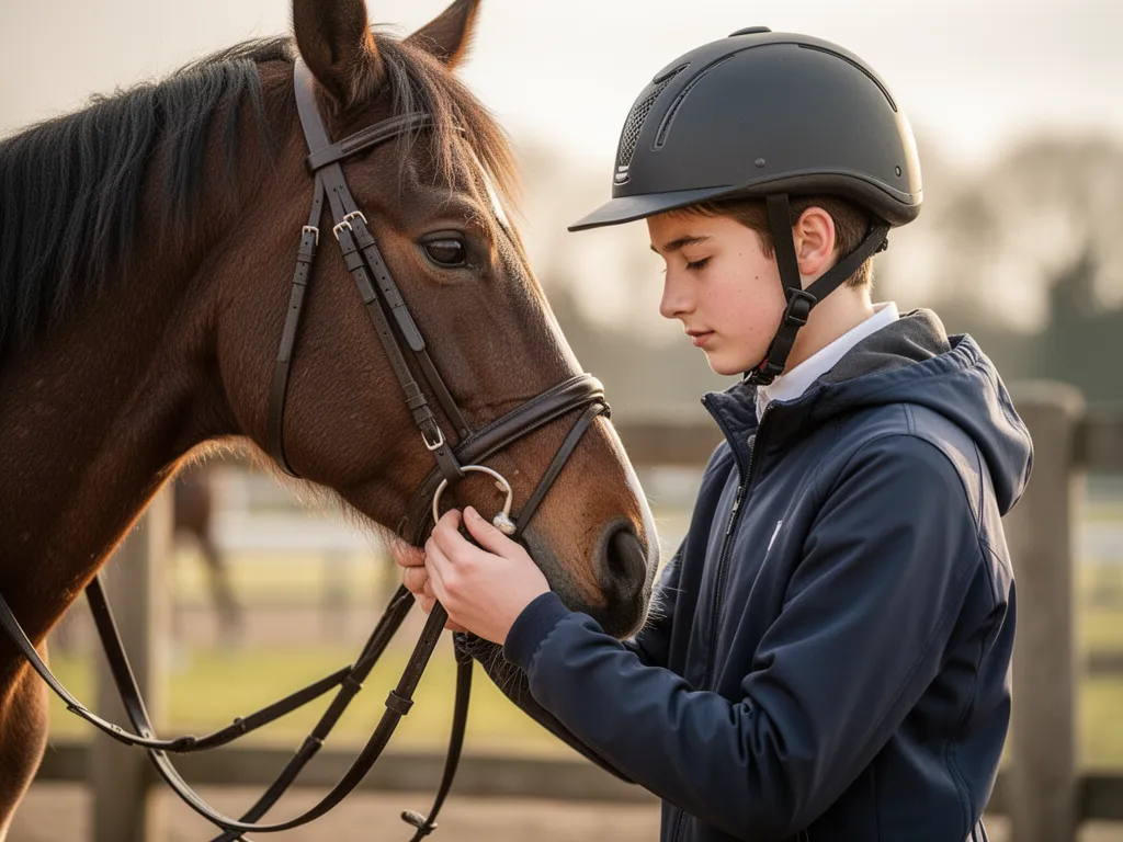 Young equestrian rider adjusting horse's bridle showing intimate bond between athlete and animal