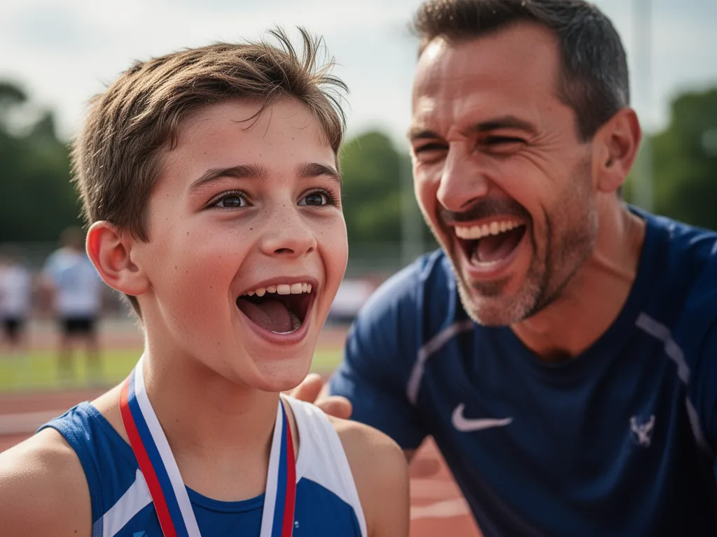[Young athlete smiling with coach celebrating their victory in outdoor sports competition]