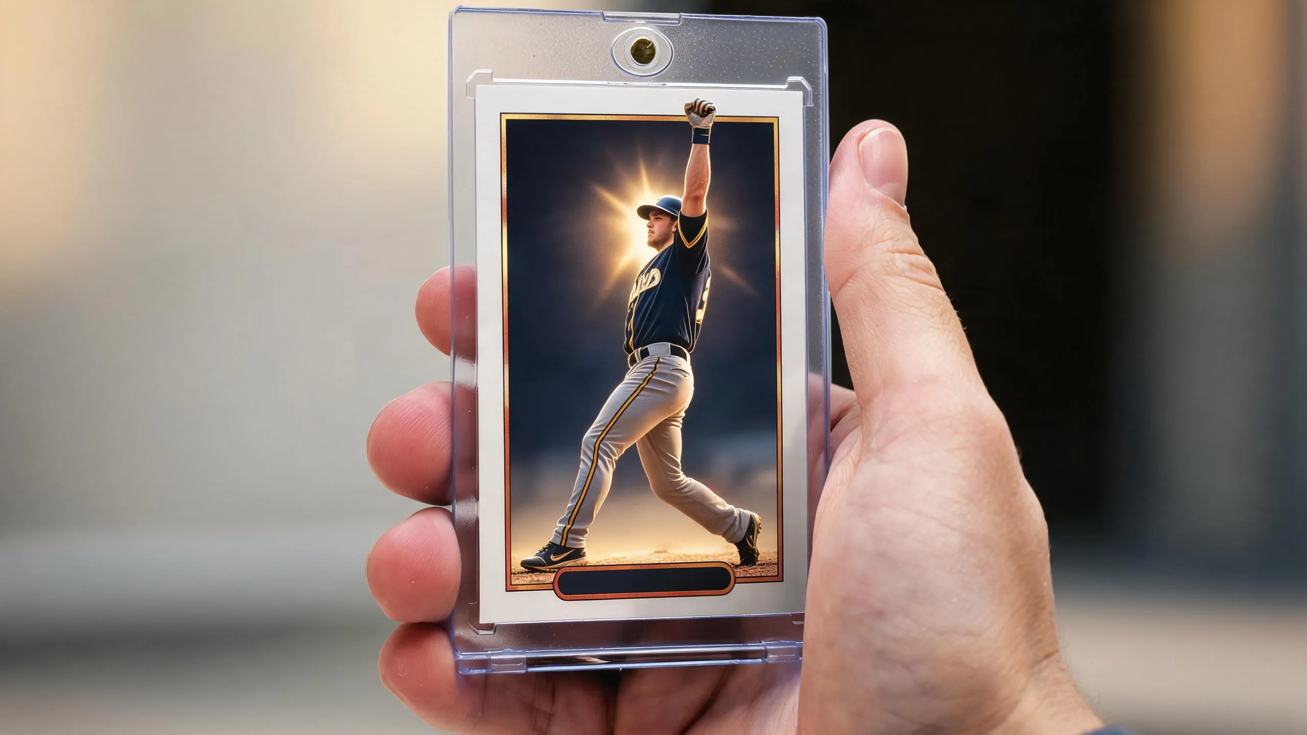 Hand holding a sports card generator magnetic case with a golden stadium-night athlete card.