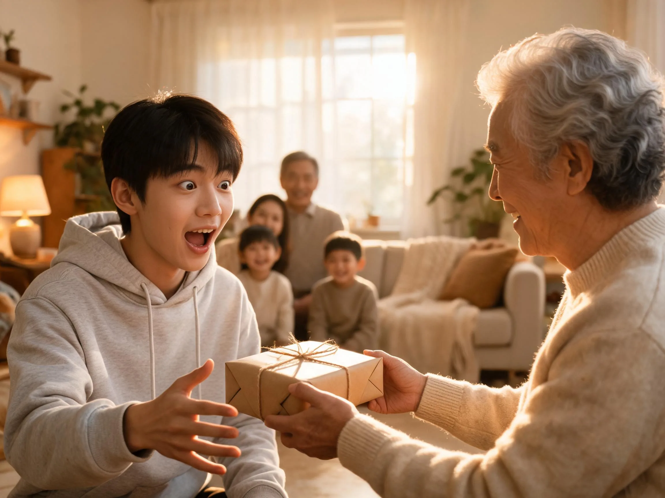 Teenager reacting with genuine surprise to an unexpected gift in warm home light.