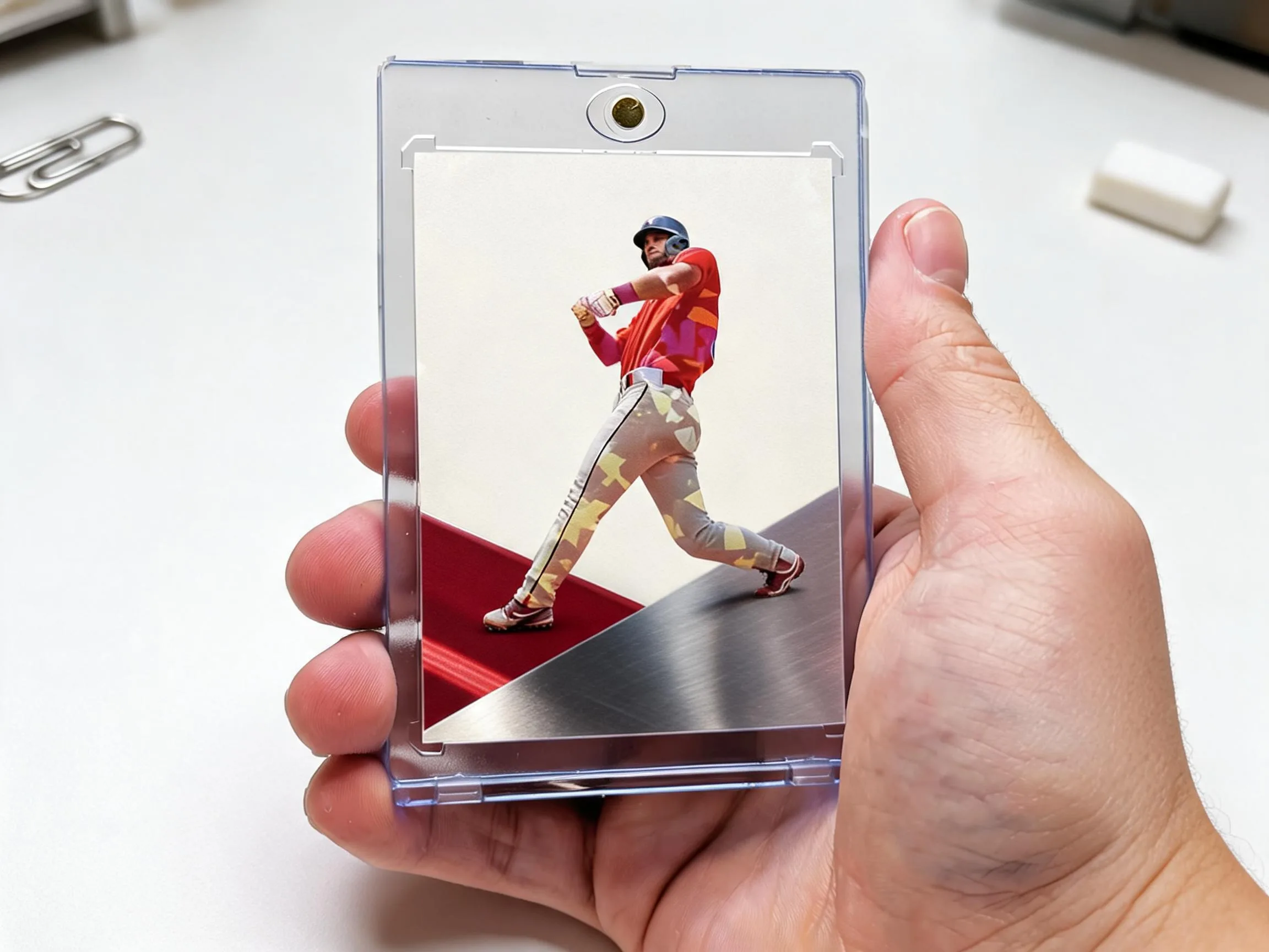 Custom keepsake trading card in a magnetic case with a crimson diagonal band design.