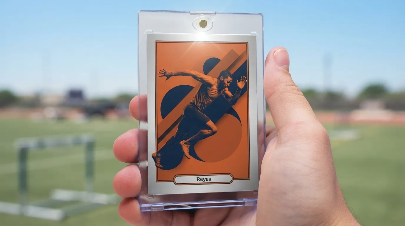 Hand holding magnetic case with duotone sprinter sports card gifts trading card design.