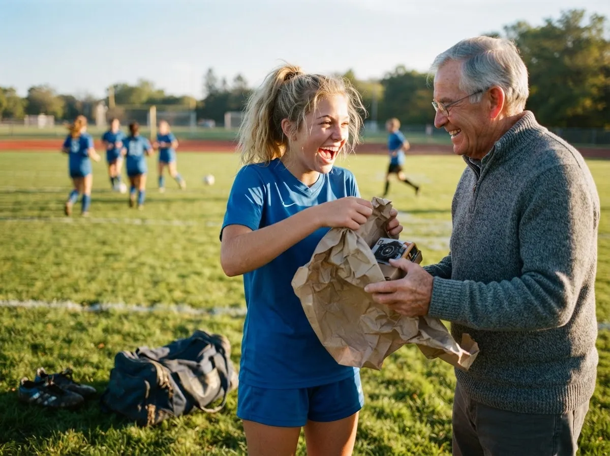 Teen athlete laughing while unwrapping a surprise gift from grandparent on sports field.