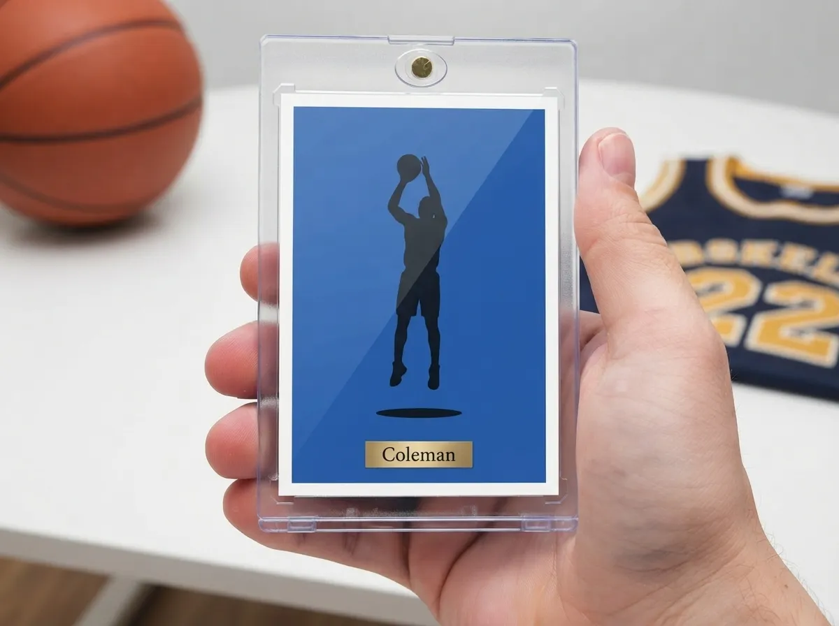 Custom sports trading card in magnetic case, cobalt editorial basketball design.