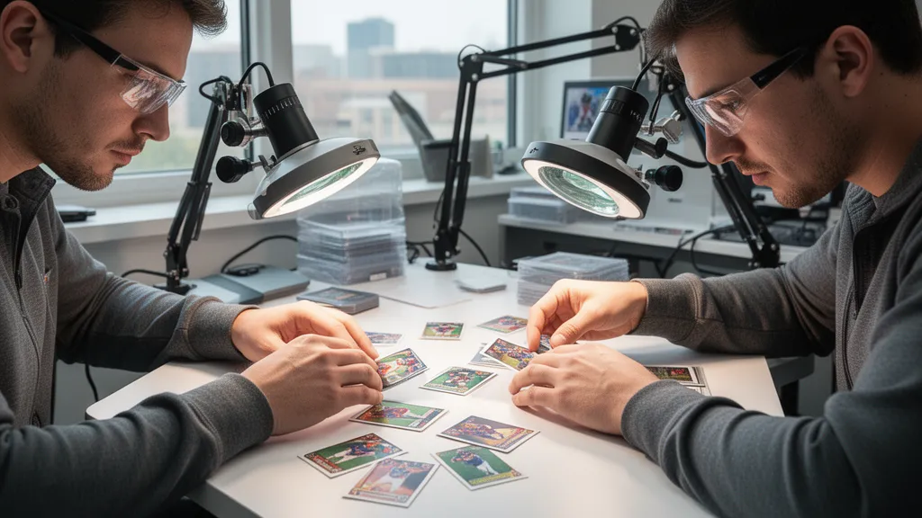 Professional sports card graders carefully inspect and evaluate collectible cards at a modern workstation with specialized equipment