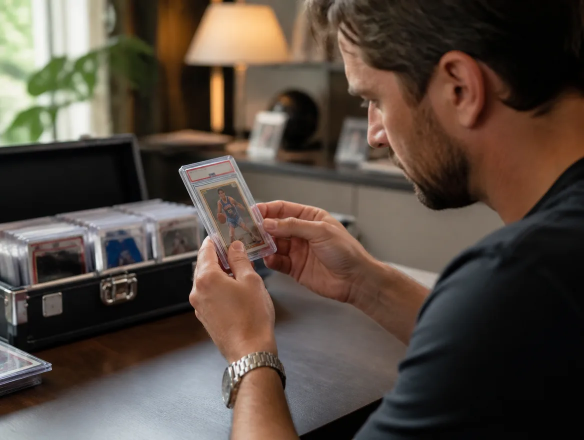 Collector inspecting a slabbed card from sports card grading companies