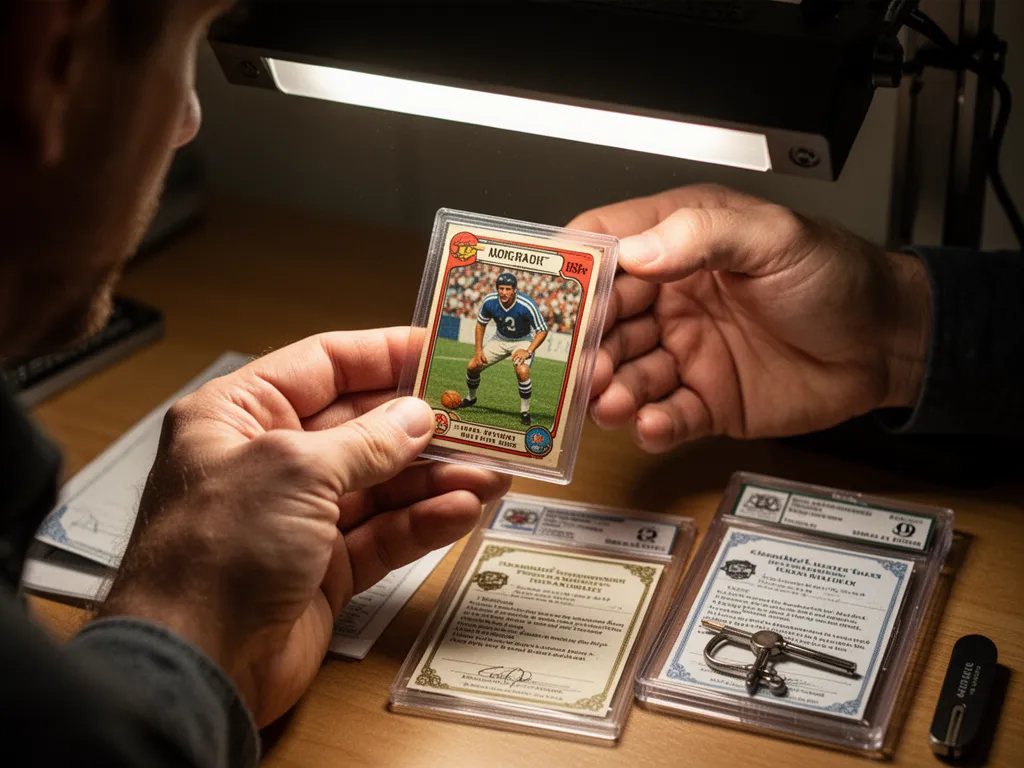 Close-up of grader examining a vintage sports card details under specialized professional lighting equipment