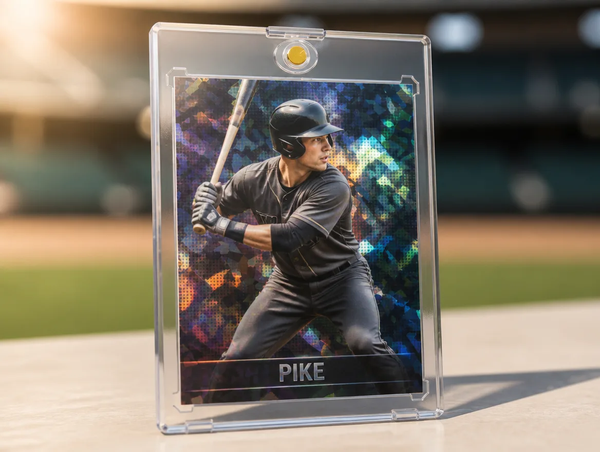 Custom baseball card standing upright in a premium magnetic case