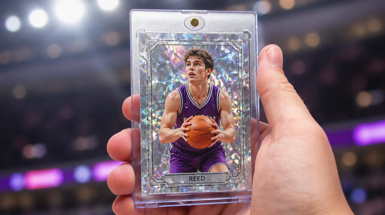 Custom holographic sports card held in a one-touch magnetic case