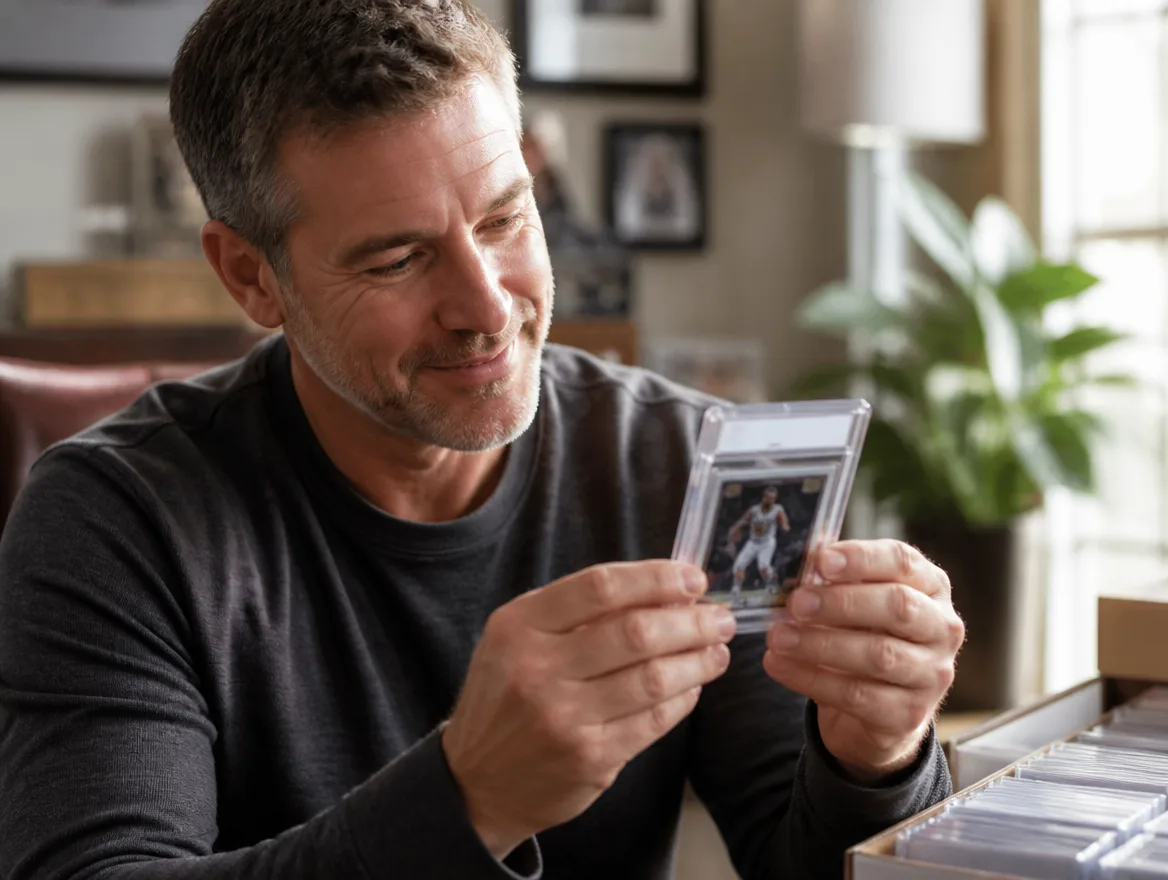 Collector inspecting a slabbed card during sports card grading