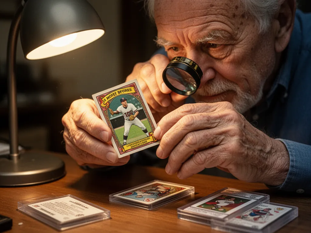 Experienced appraiser meticulously inspects vintage sports card details using professional magnification tools.