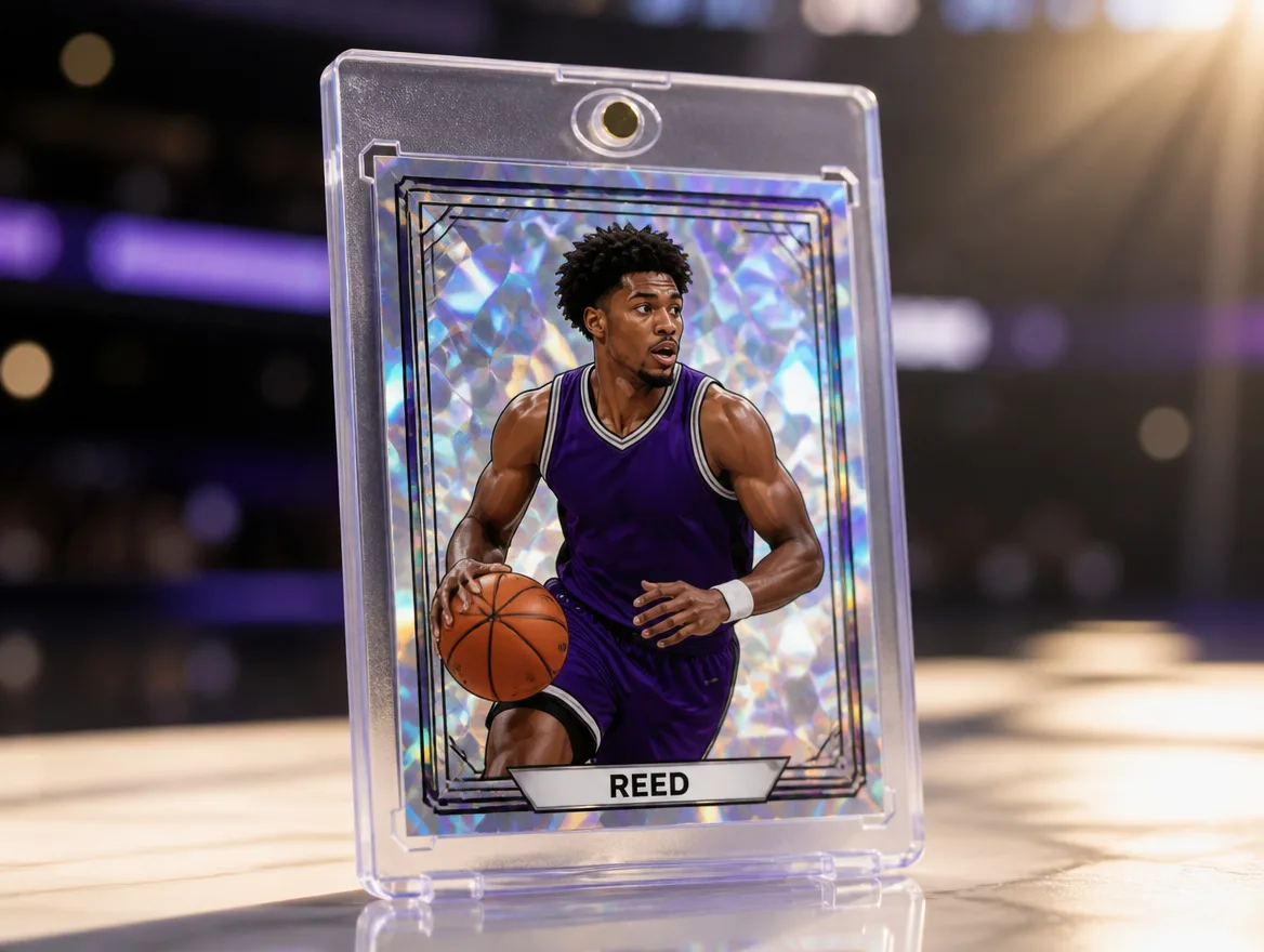 Custom sports card standing upright in a premium magnetic case