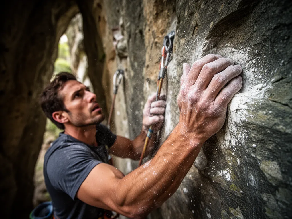 [Close-up of rock climber's hands and face showing determination while climbing]