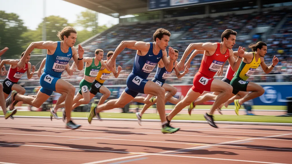Multiple sprinters racing at full speed on outdoor track in competitive athletic motion
