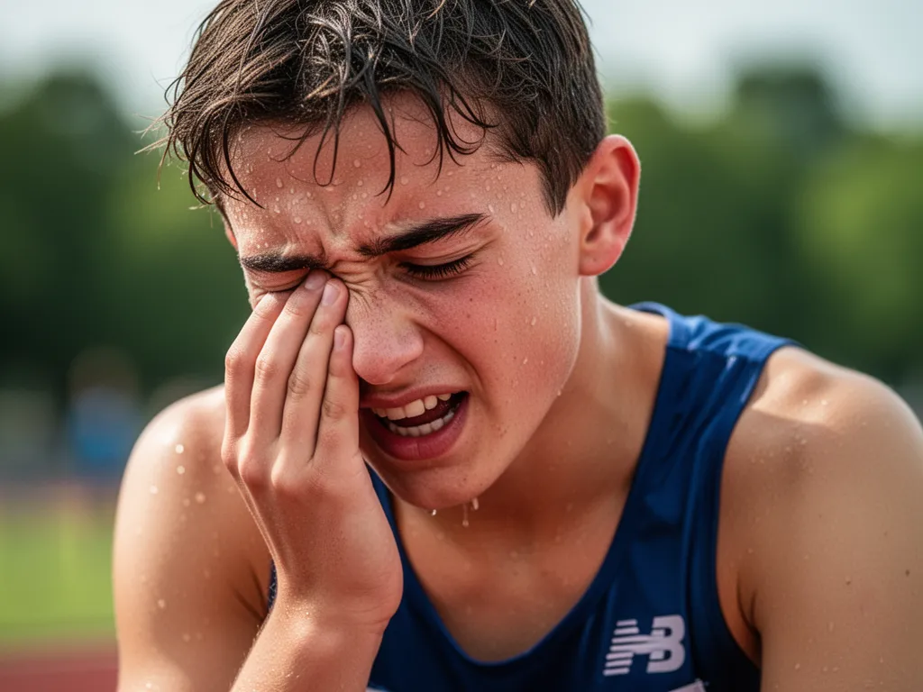 Exhausted athlete showing raw emotion and relief after completing intense sporting competition