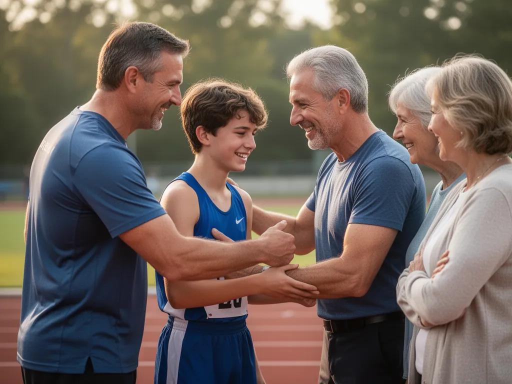 Young athlete receiving congratulations from coach and parents after successful athletic performance