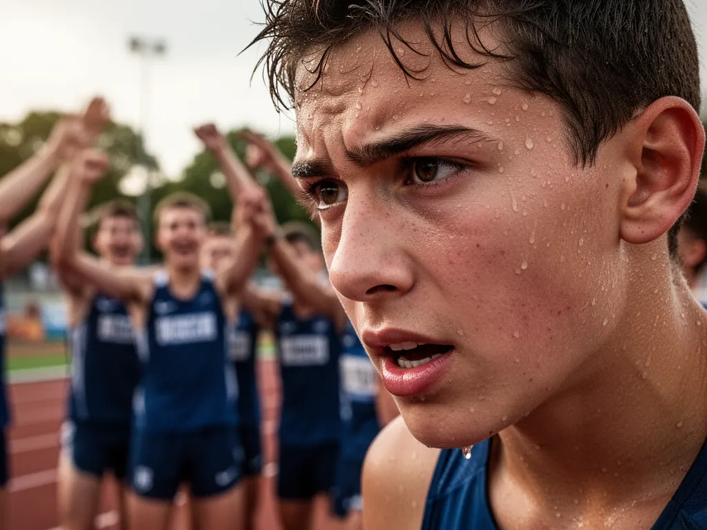 Young athlete's determined expression with celebrating teammates blurred in warm outdoor background