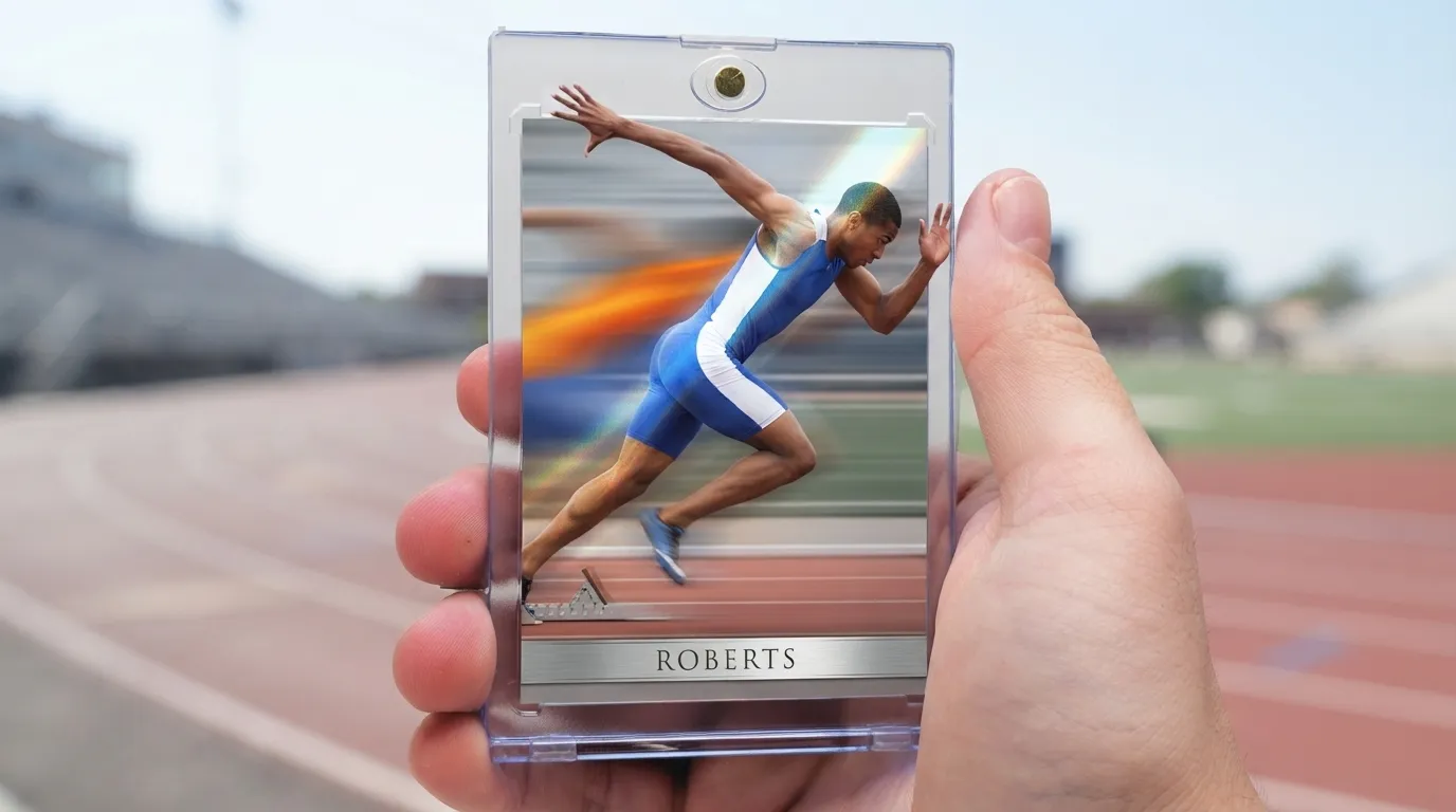 Hand holding magnetic case with sports card manufacturers card showing sprinter breaking the frame edge.