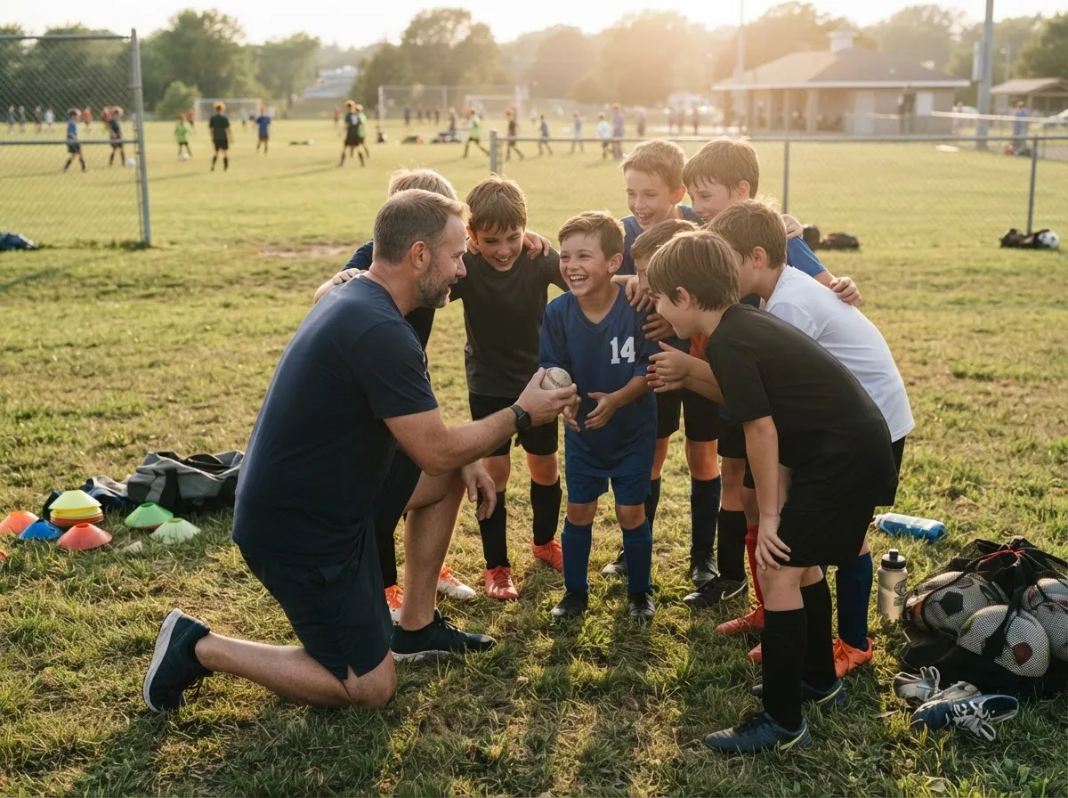 Coach and young athletes share a warm huddle moment on a sunlit sports field.