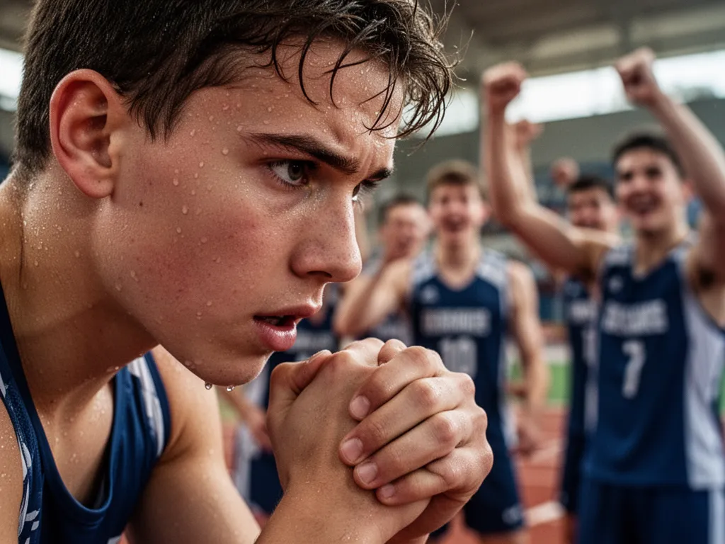 Close-up of athlete's focused face during intense competitive moment with teammates nearby