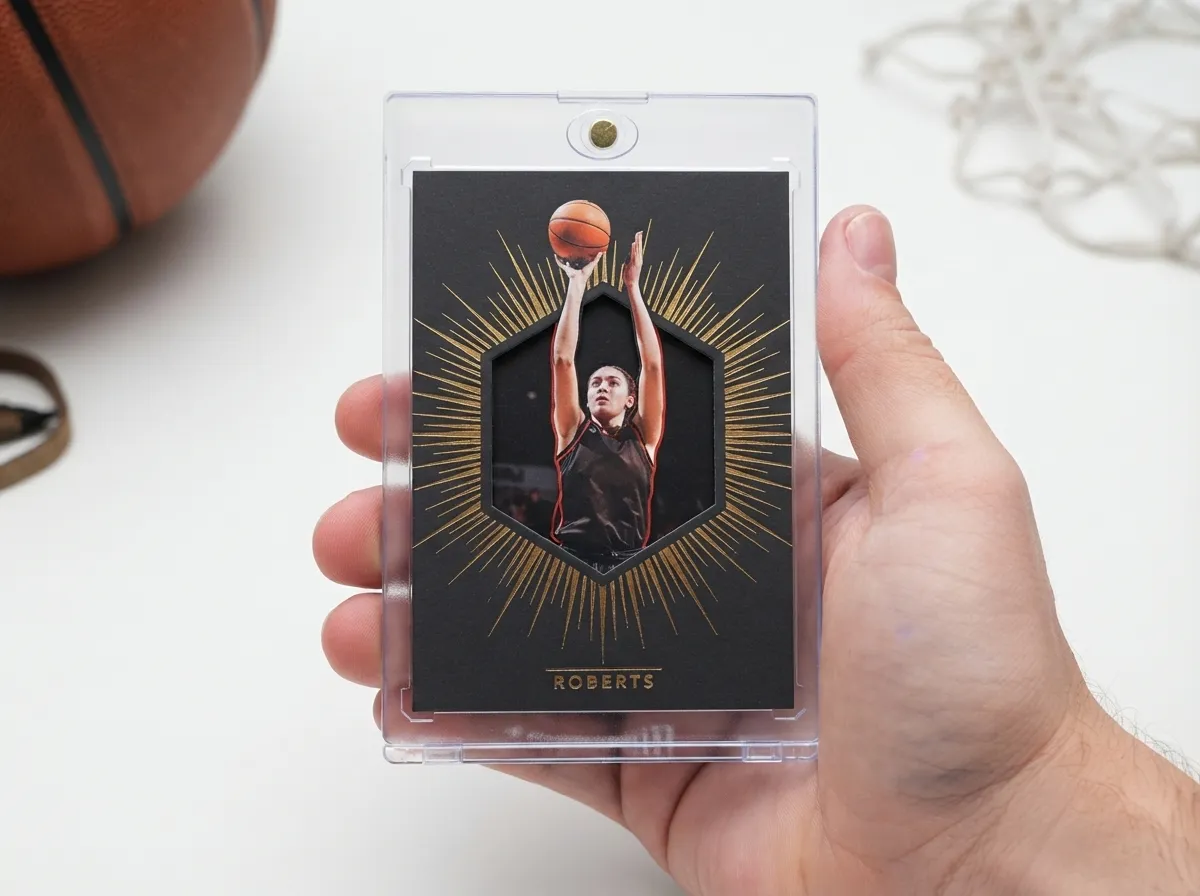 Custom sports trading card in magnetic case featuring gold foil burst design around basketball player.