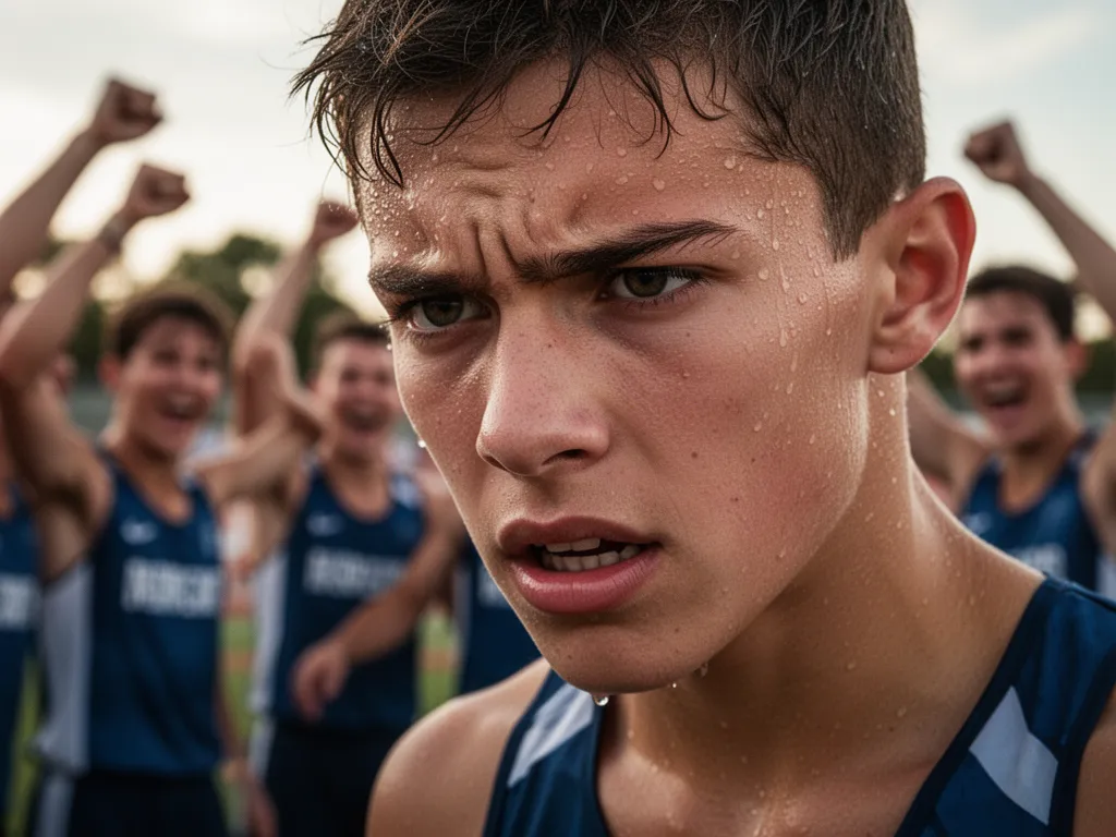 Close-up of a determined young athlete's focused expression with teammates celebrating softly blurred behind