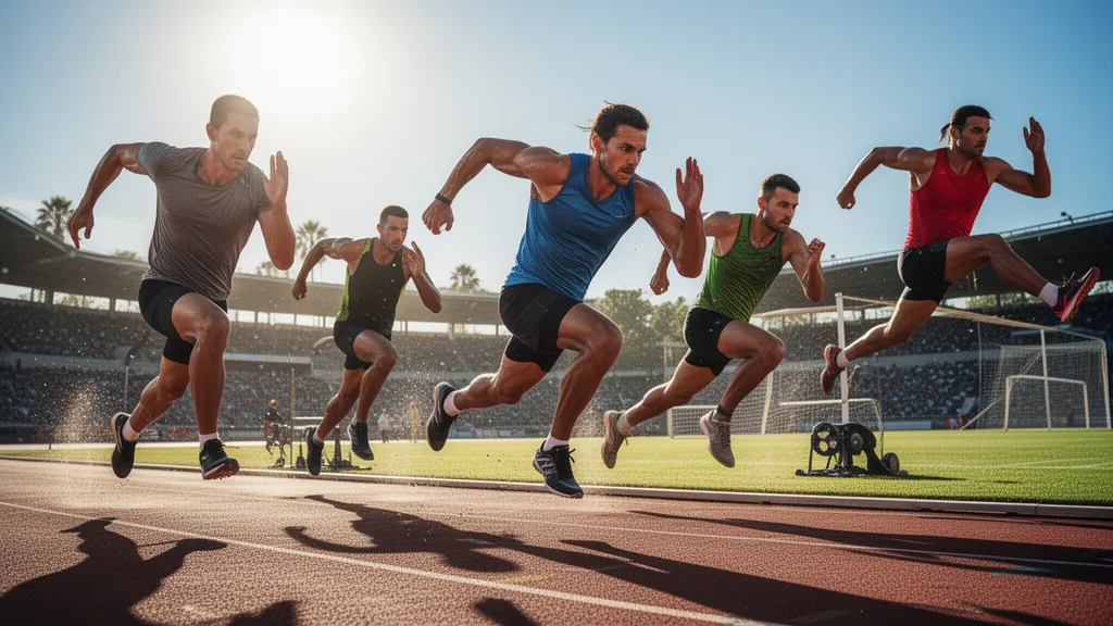 Multiple athletes competing intensely in various sports under natural outdoor lighting with dynamic motion and energy