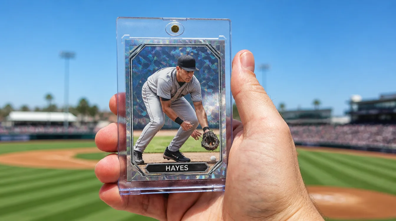 Custom holographic baseball card held in a one-touch magnetic case