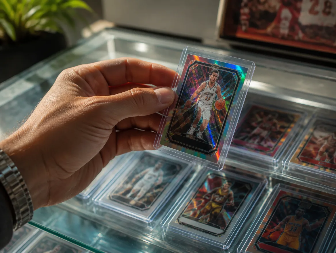 Collector holding a holographic card above a display case checking sports card prices