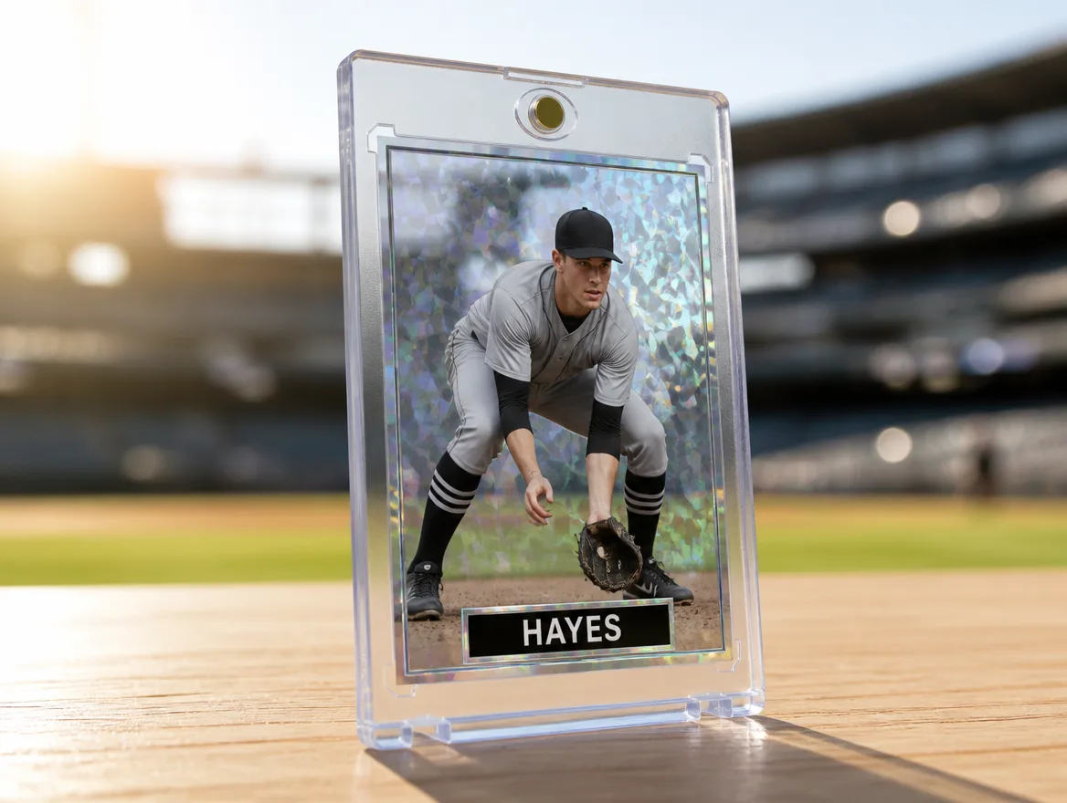 Custom baseball card standing upright in a premium magnetic case