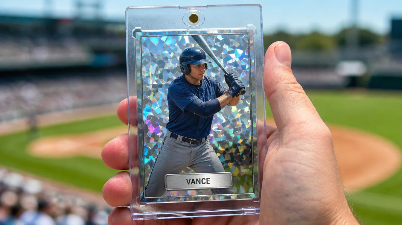 Custom baseball card held in a one-touch magnetic display case