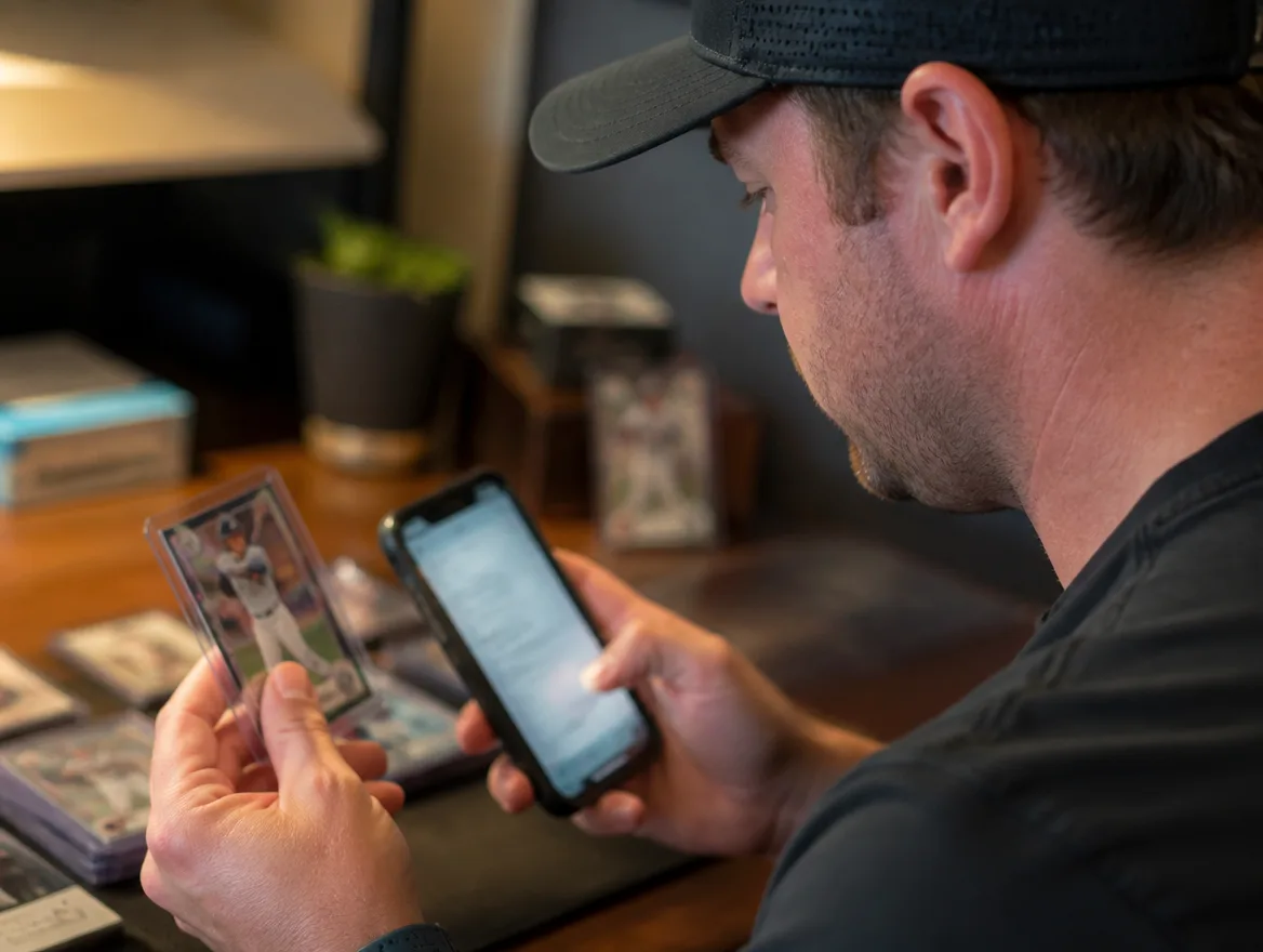Collector comparing a card with a guide to check sports card pricing