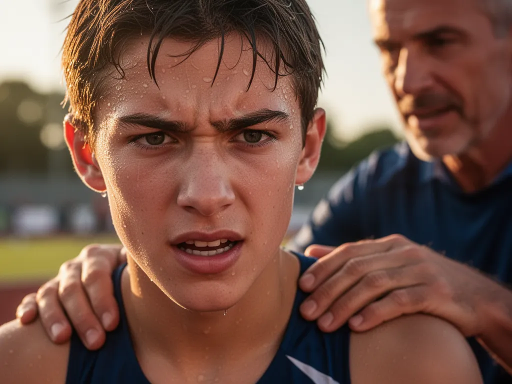 Young athlete's determined expression with supportive coach's hand on shoulder after competition
