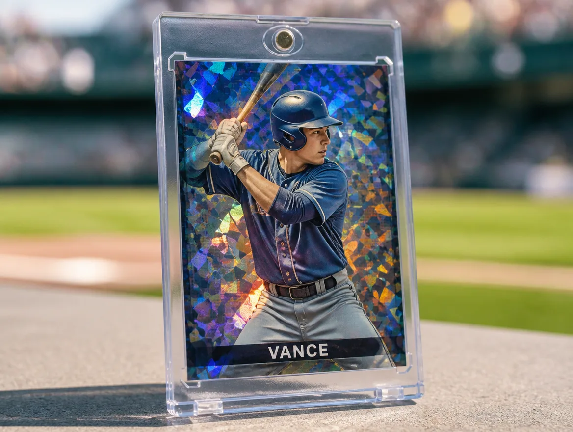 Custom baseball card standing upright in a premium magnetic case