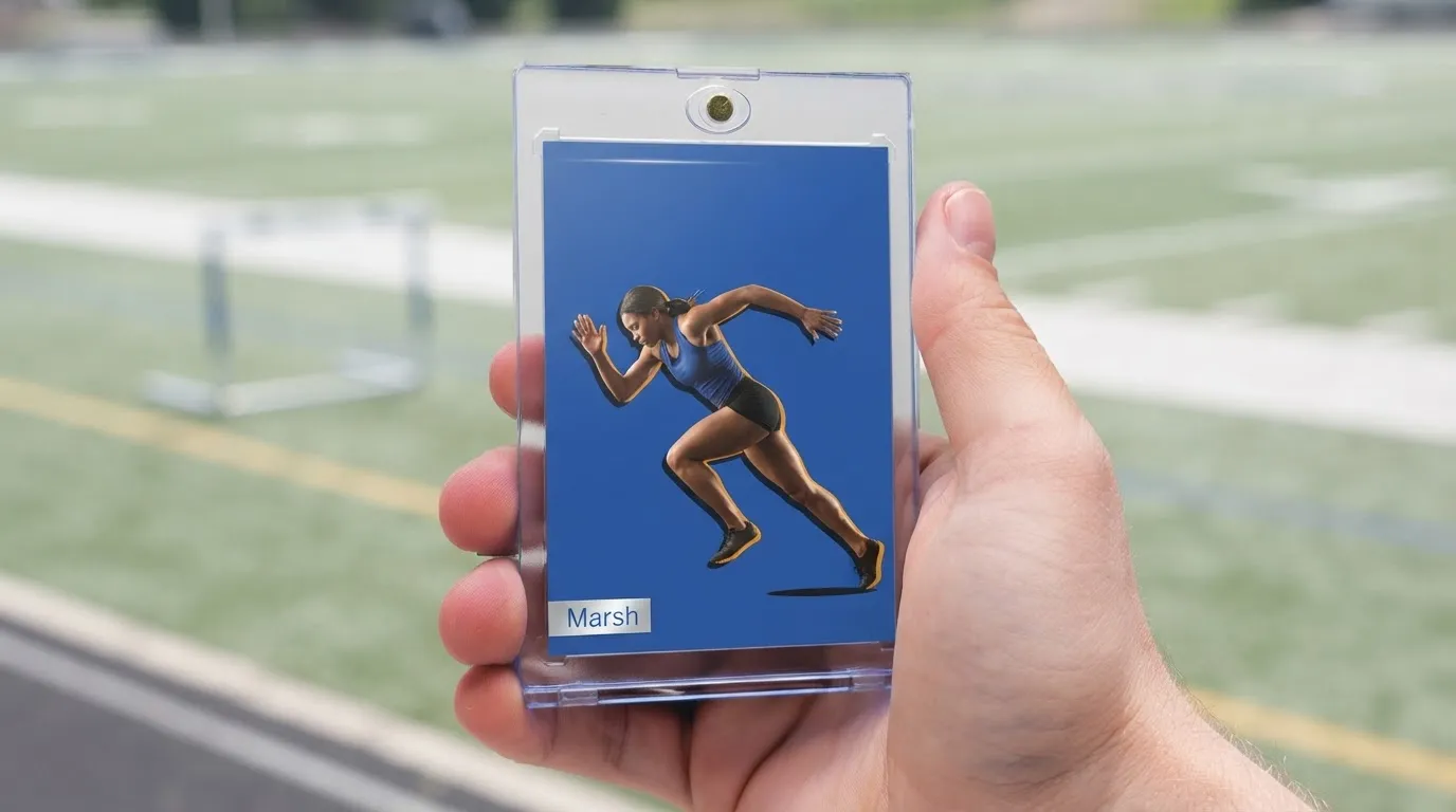 Hand holding sports card printer's magnetic case with bold editorial sprinter card design
