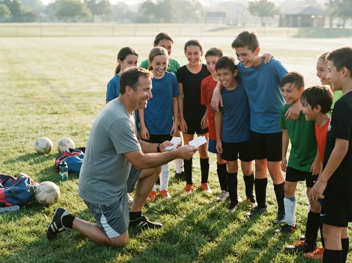 Coach and smiling young athletes sharing an emotional huddle moment on the field
