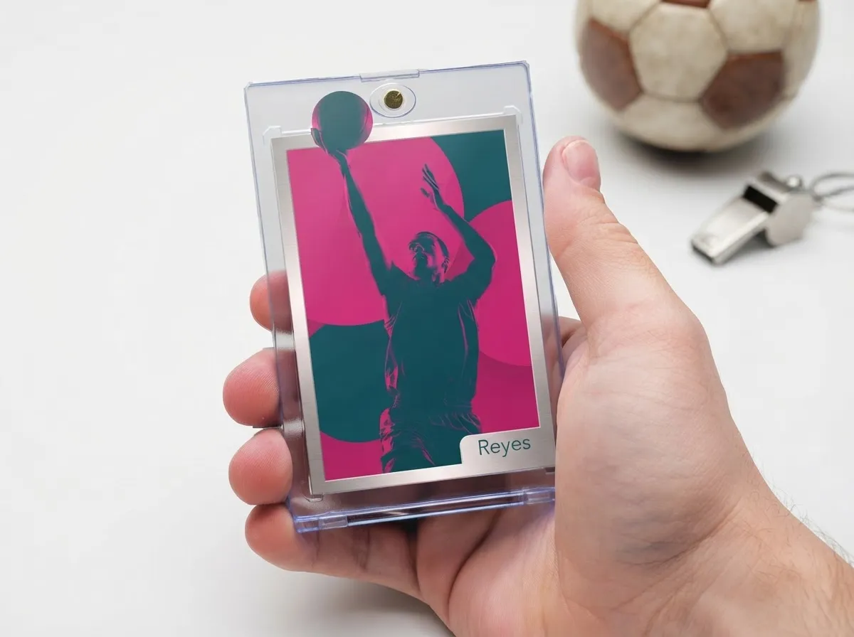 Custom sports trading card in magnetic case showing duotone basketball player design