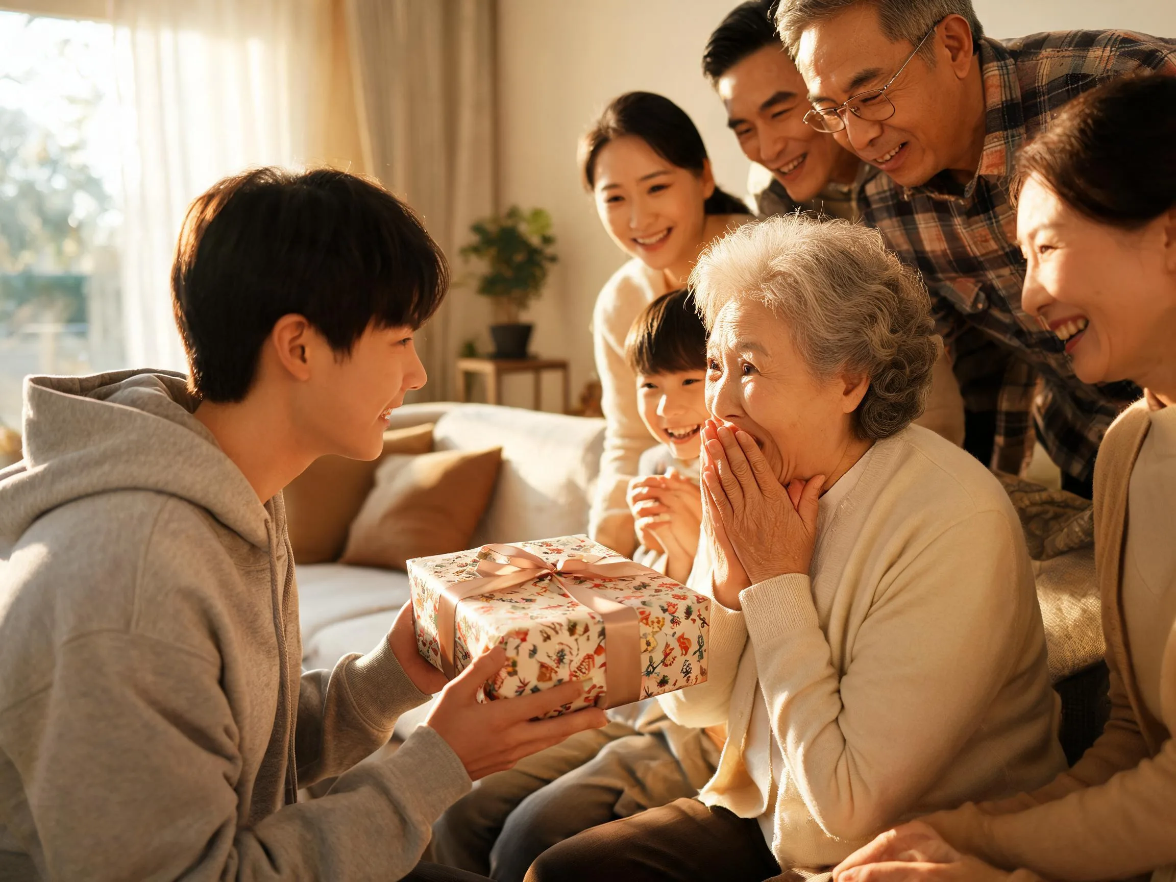 Grandmother reacting with joyful surprise while receiving an unexpected gift indoors