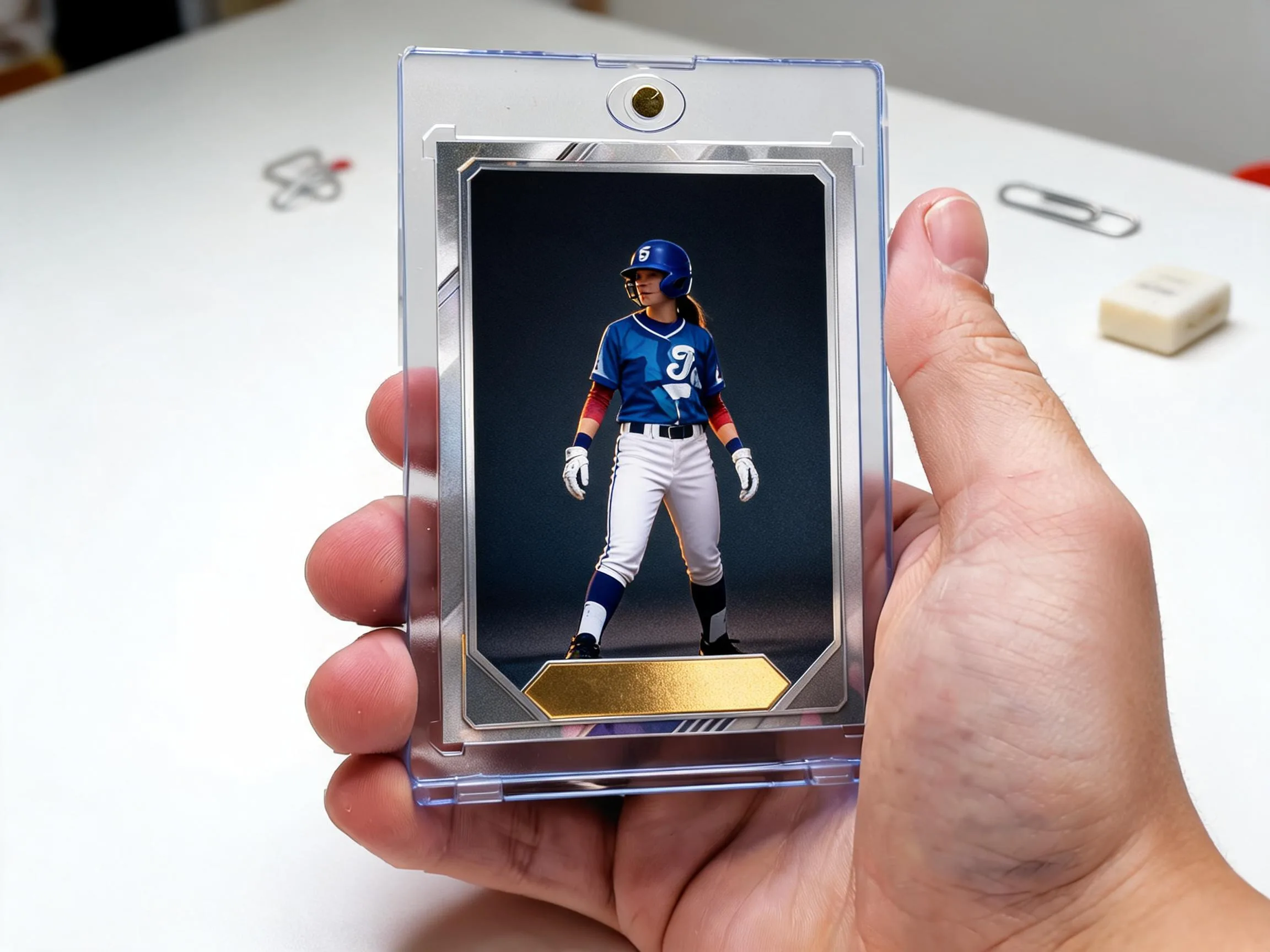 Custom keepsake trading card in clear magnetic case on white tabletop display